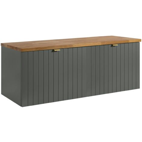 Meuble sous-vasque suspendu HARMO 120 cm avec plan en bois massif Façade rainurée vert semi-mat (1/5)