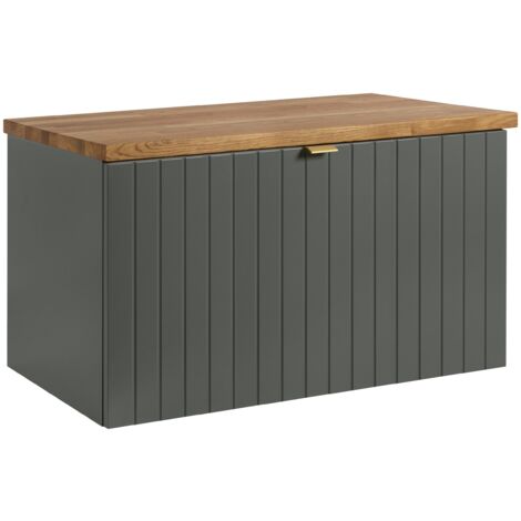 Meuble sous-vasque suspendu HARMO 80 cm avec plan en bois massif Façade rainurée vert semi-mat (1/5)