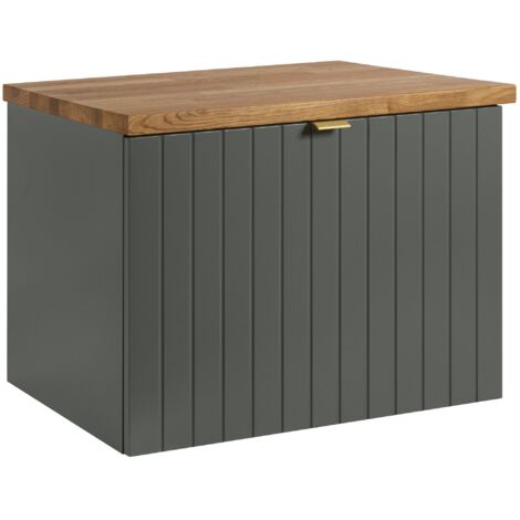 Meuble sous-vasque suspendu HARMO 60 cm avec plan en bois massif Façade rainurée vert semi-mat (1/5)
