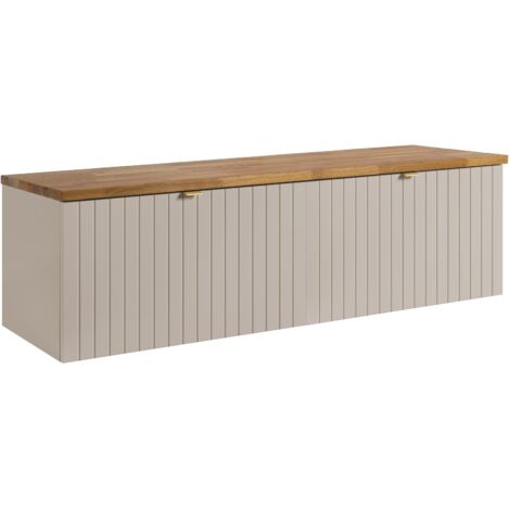 Meuble sous-vasque suspendu HARMO 160 cm avec plan en bois massif Façade rainurée cachemire semi-mat (1/5)