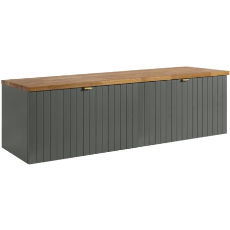 Meuble sous-vasque suspendu HARMO 160 cm avec plan en bois massif Façade rainurée vert semi-mat (1/5)