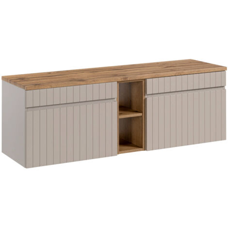 Double meuble sous vasques suspendu ICONIC cachemire 120 cm avec le plan 140 cm et l'extension 20 cm chêne coast evoke