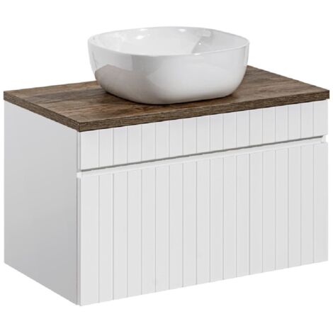 Meuble sous vasque suspendu ICONIC blanc 80 cm avec le plan chêne Santa Fe et sa vasque Smile (1/5)