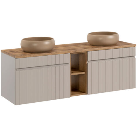 Double meuble sous vasques suspendu ICONIC cachemire 140 cm avec plan, l'extension chêne et 2 vasques WIKI