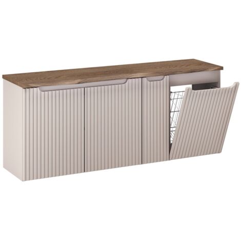 Ensemble meuble salle de bain suspendu NOVA 140cm taupe avec panier à linge et plan effet bois Chêne Casella (1/5)