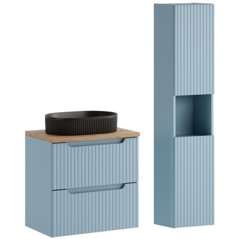 Ensemble meuble suspendu avec vasque noir 60 cm plan chêne et colonne 30 x 140 cm NOVA DENIM bleu (1/5)