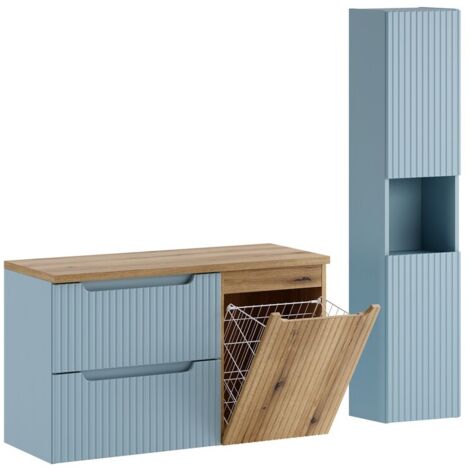 Ensemble meuble suspendu sous vasque 100 cm avec plan chêne et colonne 30 x 140 cm NOVA DENIM (1/5)