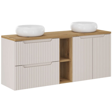 Ensemble meuble salle de bain suspendu double vasque NOVA cachemire 140 cm avec extension, étagère et plan vasque effet chêne (1/5)