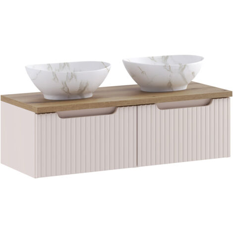Meuble salle de bain double vasque suspendu NOVA cachemire 100 cm avec plan vasque effet chêne Casella et 2 tiroirs