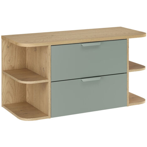 Meuble sous vasque suspendu ASTER vert 100 cm avec deux extensions d’angle ouvertes et plan en chêne (1/5)