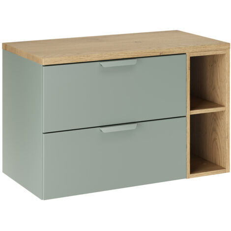 Meuble sous vasque suspendu ASTER vert 80 cm avec extension ouverte et plan en chêne (1/5)