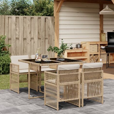 Vidaxl – Ensemble table et chaise de jardin 5 places – Résine tressée beige – Coussins épais amovibles – Dessus en verre trempé