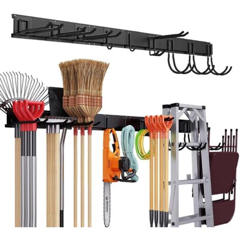 TOJ Living Support mural pour balais & outils – Organiseur de garage [3 rails + 9 crochets] – 120 cm – Métal – noir mat