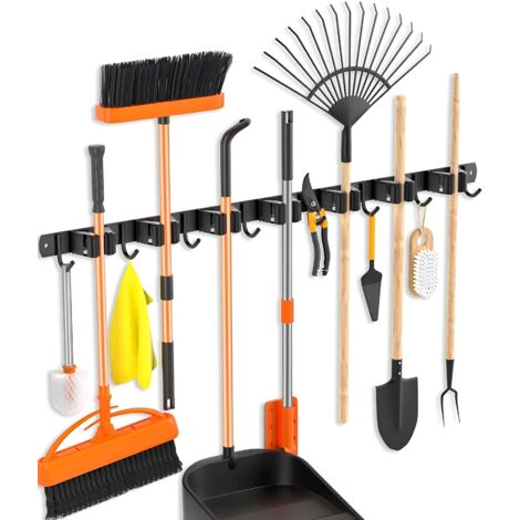 TOJ Living Support mural pour balais & outils – Organiseur de garage [7 supports + 8 crochets] – 82 cm – Acier inoxydable – noir mat