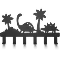 TOJ Living Porte-manteau mural enfant 6 crochets – Patère enfant – Motif dinosaure / jungle – Acier inoxydable – 40 cm – noir mat