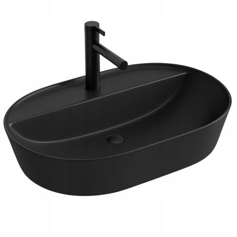 Ovales Waschbecken aus Keramik, schwarz, mit Loch, 60 cm