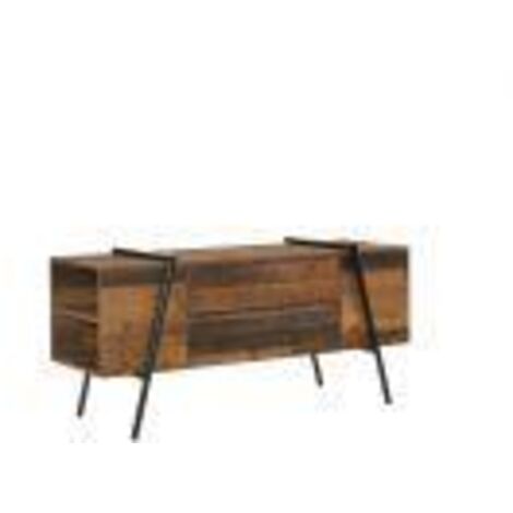 Rustic Oak TV Cabinet With 2 Drawers And Open Shelves Storage Unit Metal Modern