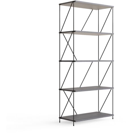 Industrial Style Display Bookcase Wide 5 Tier Storage Unit Grey Wood Black