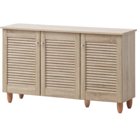 3 Door Shoe Cabinet Slim Storage Unit With Metal Handles & Shelves Oak