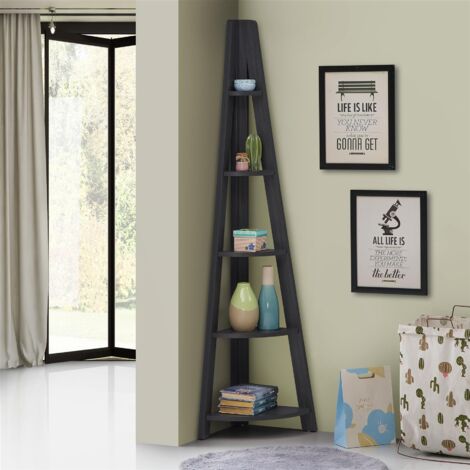 Corner Ladder Bookcase 5 Tier Space Saving Storage Shelving Unit - Black