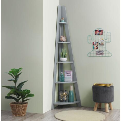 Corner Ladder Bookcase 5 Tier Space Saving Storage Shelving Unit - Light Grey