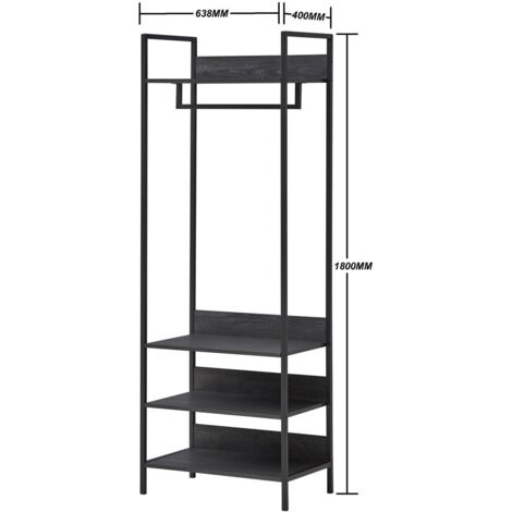 Skinny Black Open Wardrobe with 4 Shelves and Hanging Rail in Oak Effect Black Metal Frames (1/4)