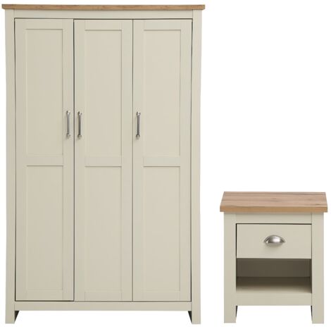 2 Piece Bedroom Set Cream Finish 3 Door Wardrobe 1 Drawer Bedside Oak Wood