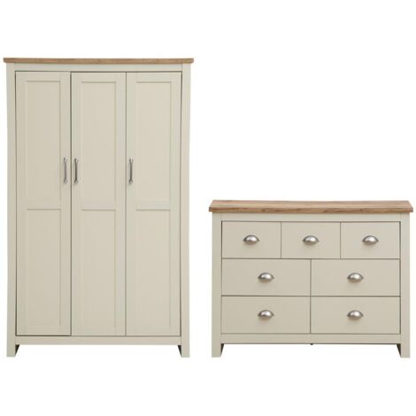 Cream 2 Piece Bedroom Set 3 Door Wardrobe & Chest of Drawers Oak Wood Modern (1/5)
