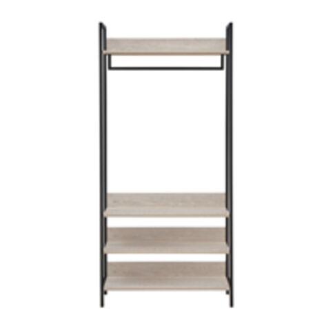 Wide Ash Oak Open Wardrobe with 4 Shelves and Hanging Rail in Oak Effect Black Metal Frames
