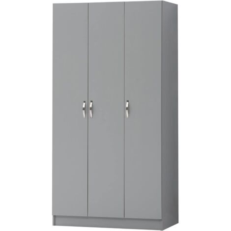 Grey Large 3 Door Double Wardrobe With Shelves And Hanging Rail