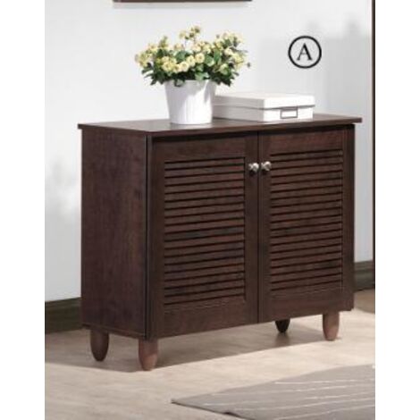 2 Door Shoe Cabinet Compact Slatted Doors Ventilated Storage Unit Oak Particle - Brown
