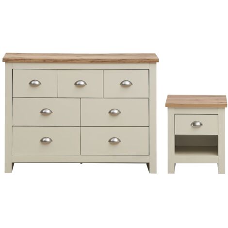 Cream 2 Piece Bedroom Furniture Set Chest Of Drawers & Bedside Table Oak Wood
