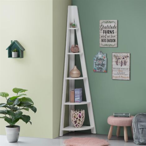 Corner Ladder Bookcase 5 Tier Space Saving Storage Shelving Unit - White