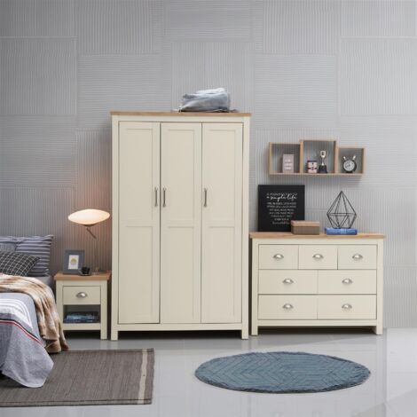 Cream 3 – Piece Bedroom Furniture Set 3 Door Wardrobe 3+2+2 Chest 1 Drawer Bedside Oak Top (1/5)