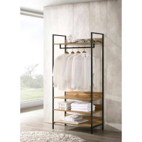 Wide Dark Grey Oak Open Wardrobe with 4 Shelves and Hanging Rail in Oak Effect Black Metal Frames