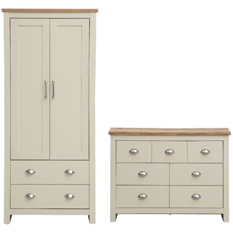 Cream 2 Piece Bedroom Furniture Set Wardrobe & Chest Of Drawers Wood Particle