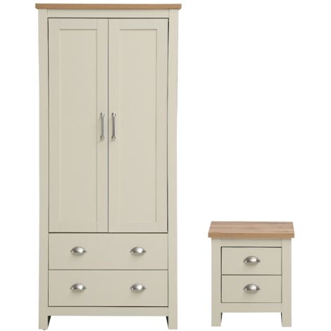 Cream 2 Piece Bedroom Set Wardrobe And 2 Drawer Bedside Table Oak Wood Storage