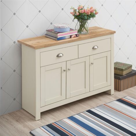 Modern Sideboard with 3 Doors and 2 Drawers Cream with Oak Top (1/5)