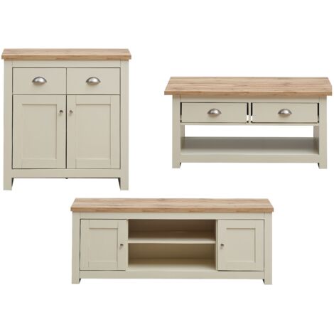 3 Piece Cream Living Room Set TV Unit Sideboard Coffee Table Storage Oak Living