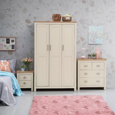3 Piece Bedroom Furniture Set Cream 3 Door Wardrobe 2+2 Chest 2 Drawer Bedside Table Oak Top (1/5)