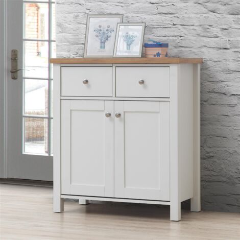 Compact Sideboard 2 Doors 2 Drawers White Frame Oak Top Storage Wood Drawer