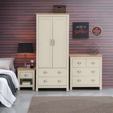 3 – Piece Bedroom Furniture Set Wardrobe 2+2 Chest 1 Drawer Bedside Table Cream Oak Top (1/5)