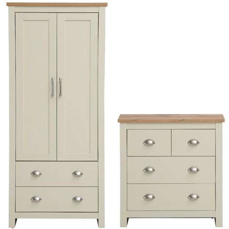 Elegant Cream 2 Piece Bedroom Set Wardrobe And Chest Of Drawers Oak Storage