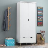 2 Door Wardrobe With 2 Drawers White Scandinavian Style Bedroom Particle Board
