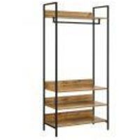 Skinny Oak Open Wardrobe with 4 Shelves and Hanging Rail in Oak Effect Black Metal Frames