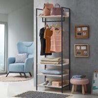 Skinny Ash Oak Open Wardrobe with 4 Shelves and Hanging Rail in Oak Effect Black Metal Frames