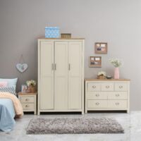 3 Piece Bedroom Set Cream 3 Door Wardrobe 3+2+2 Chest Of Drawers 2 Drawer Bedside Table Oak Top