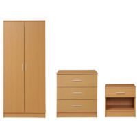 3 Piece Bedroom Set 3 Drawer Wardrobe Chest Bedside Table - Beech