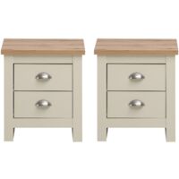 Modern 2 Drawer Bedside Table with Oak Effect Top Set of 2 in Cream