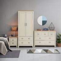 3 – Piece Bedroom Furniture Set Cream Wardrobe 3+2+2 Chest 2 Drawer Bedside Oak Top